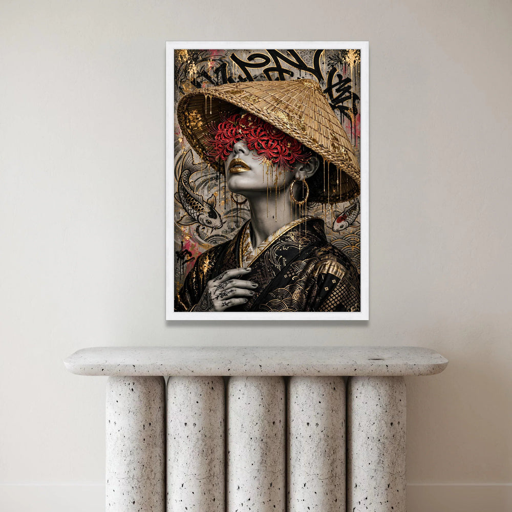 Oriental Woman Portrait Canvas, Red Floral Blindfold Art, Asian Culture Canvas, Gold Accents Wall Art, Decorative Home Canvas Print Art