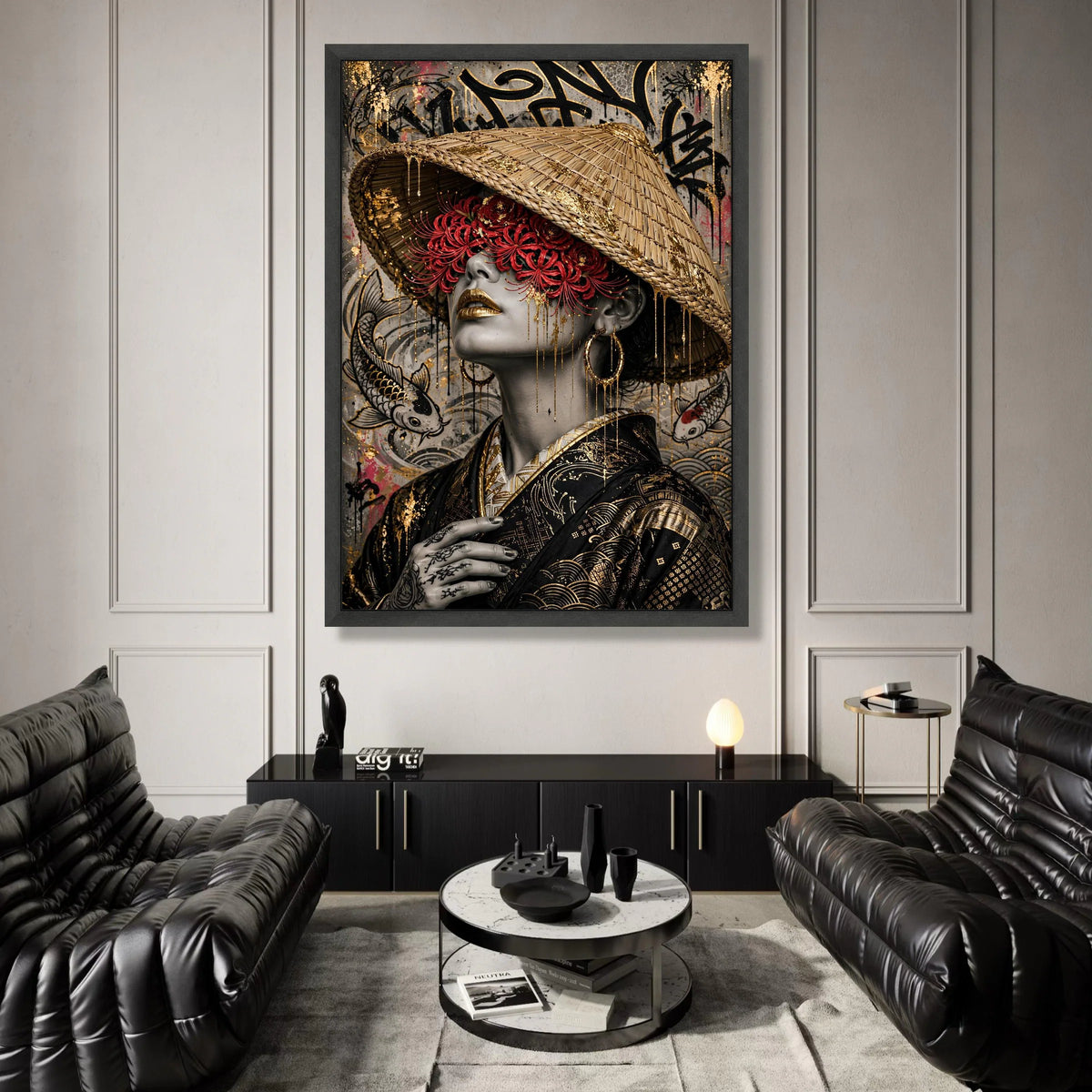 Oriental Woman Portrait Canvas, Red Floral Blindfold Art, Asian Culture Canvas, Gold Accents Wall Art, Decorative Home Canvas Print Art