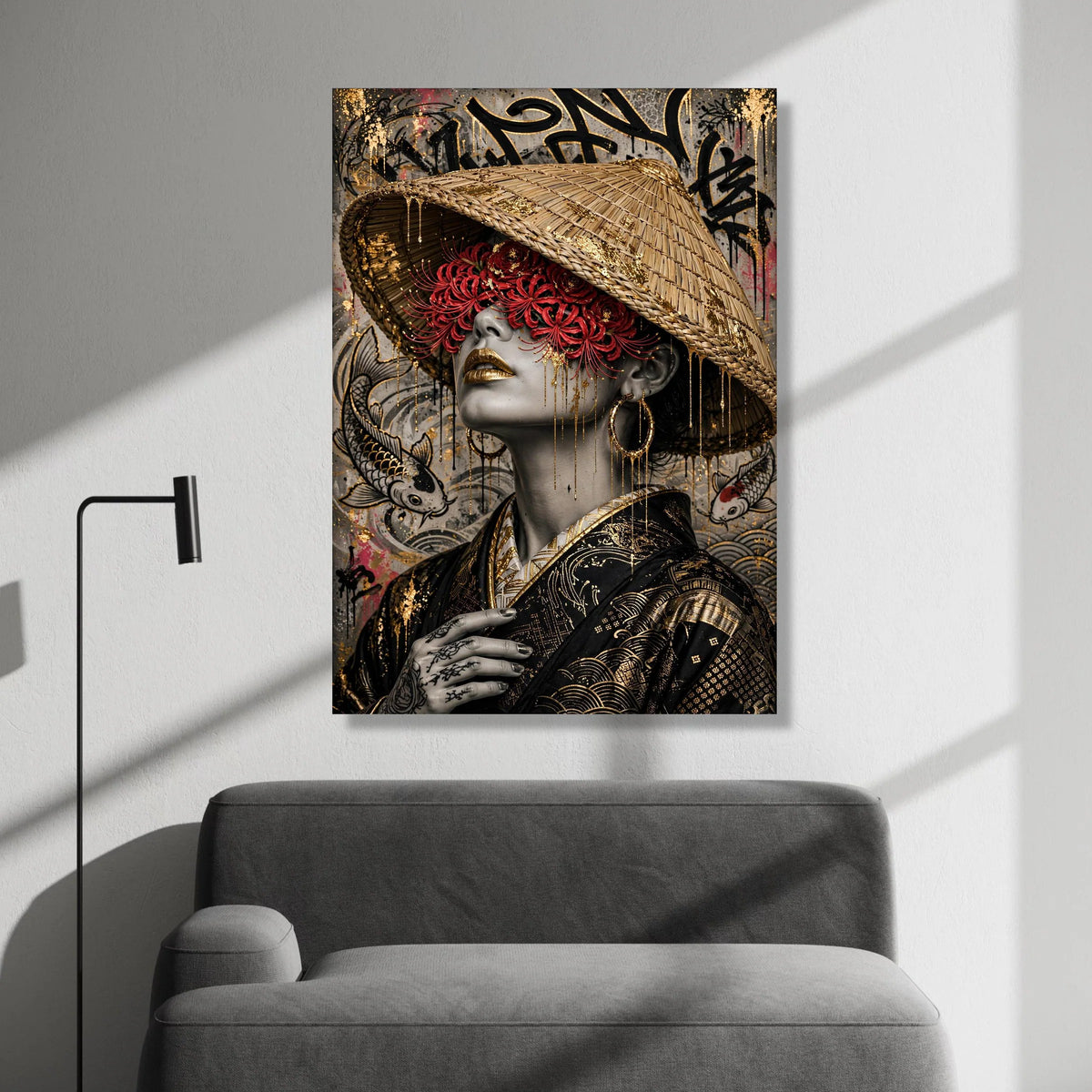 Oriental Woman Portrait Canvas, Red Floral Blindfold Art, Asian Culture Canvas, Gold Accents Wall Art, Decorative Home Canvas Print Art