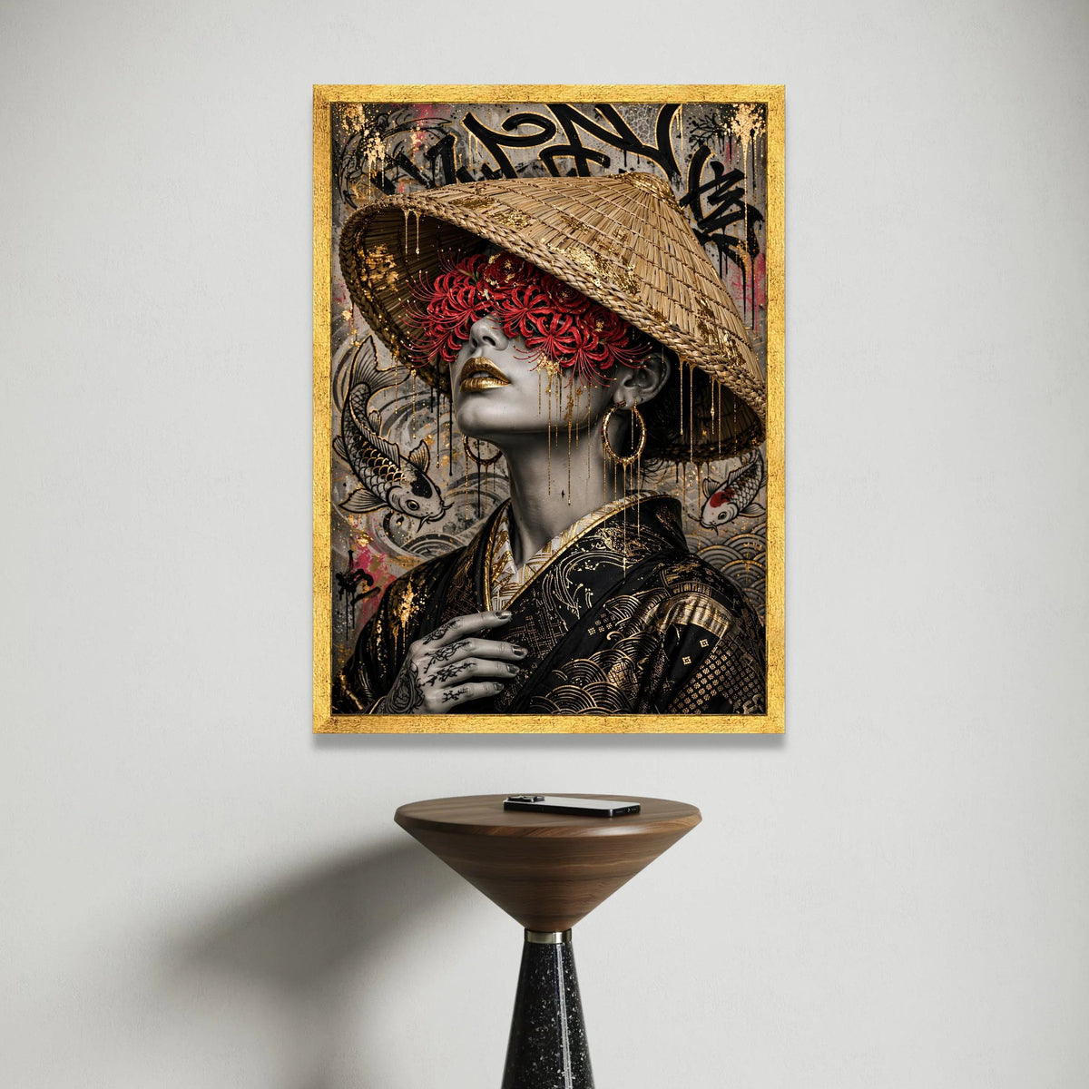 Oriental Woman Portrait Canvas, Red Floral Blindfold Art, Asian Culture Canvas, Gold Accents Wall Art, Decorative Home Canvas Print Art
