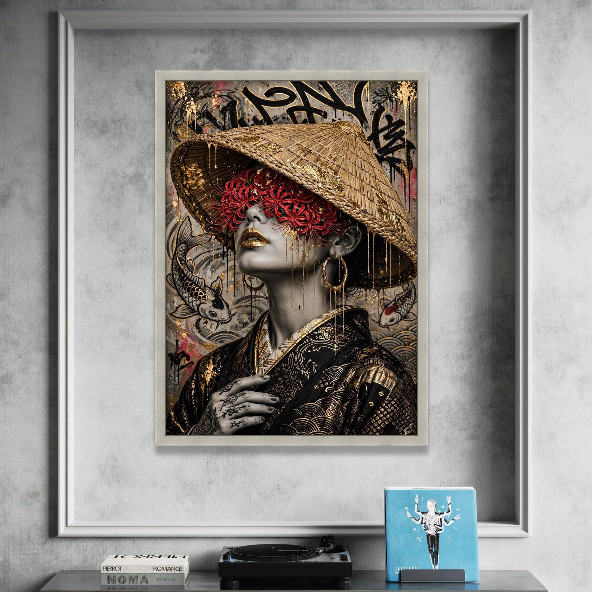 Oriental Woman Portrait Canvas, Red Floral Blindfold Art, Asian Culture Canvas, Gold Accents Wall Art, Decorative Home Canvas Print Art