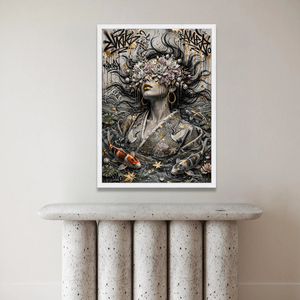 Ethereal Woman with Floral Crown, Golden Accents Canvas, Koi Fish Water Art, Asian Wall Art, Decorative Canvas for Living Canvas Print Art