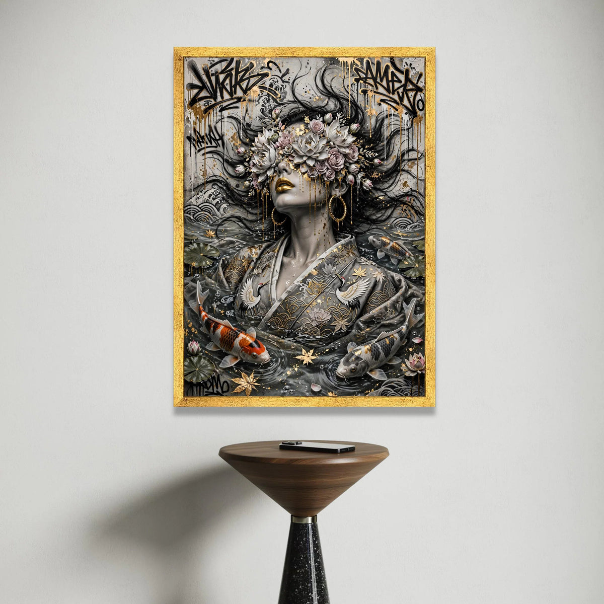 Ethereal Woman with Floral Crown, Golden Accents Canvas, Koi Fish Water Art, Asian Wall Art, Decorative Canvas for Living Canvas Print Art