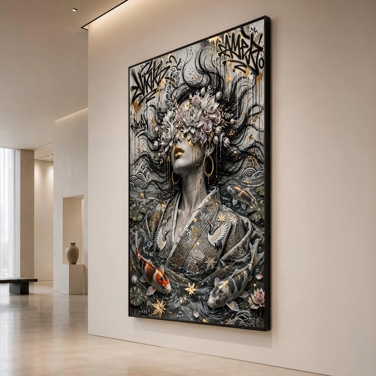 Ethereal Woman with Floral Crown, Golden Accents Canvas, Koi Fish Water Art, Asian Wall Art, Decorative Canvas for Living Canvas Print Art
