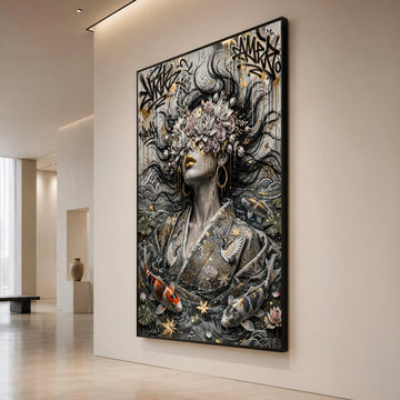 Ethereal Woman with Floral Crown, Golden Accents Canvas, Koi Fish Water Art, Asian Wall Art, Decorative Canvas for Living Canvas Print Art