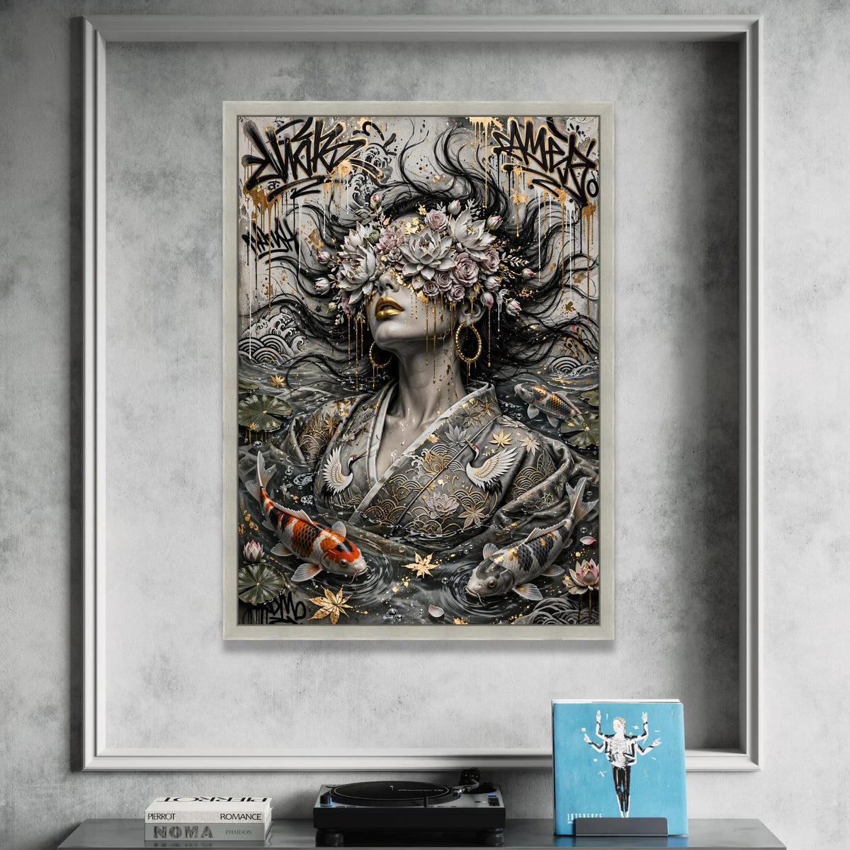 Ethereal Woman with Floral Crown, Golden Accents Canvas, Koi Fish Water Art, Asian Wall Art, Decorative Canvas for Living Canvas Print Art