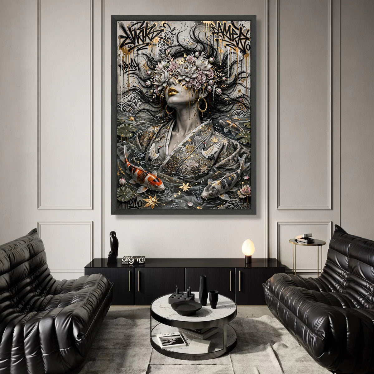 Ethereal Woman with Floral Crown, Golden Accents Canvas, Koi Fish Water Art, Asian Wall Art, Decorative Canvas for Living Canvas Print Art