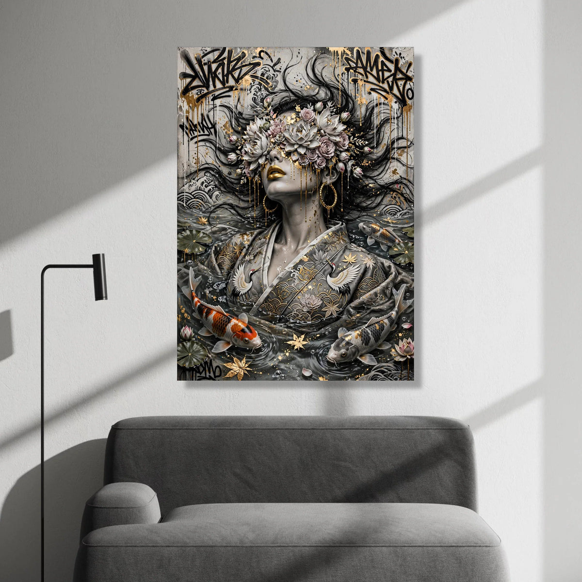 Ethereal Woman with Floral Crown, Golden Accents Canvas, Koi Fish Water Art, Asian Wall Art, Decorative Canvas for Living Canvas Print Art
