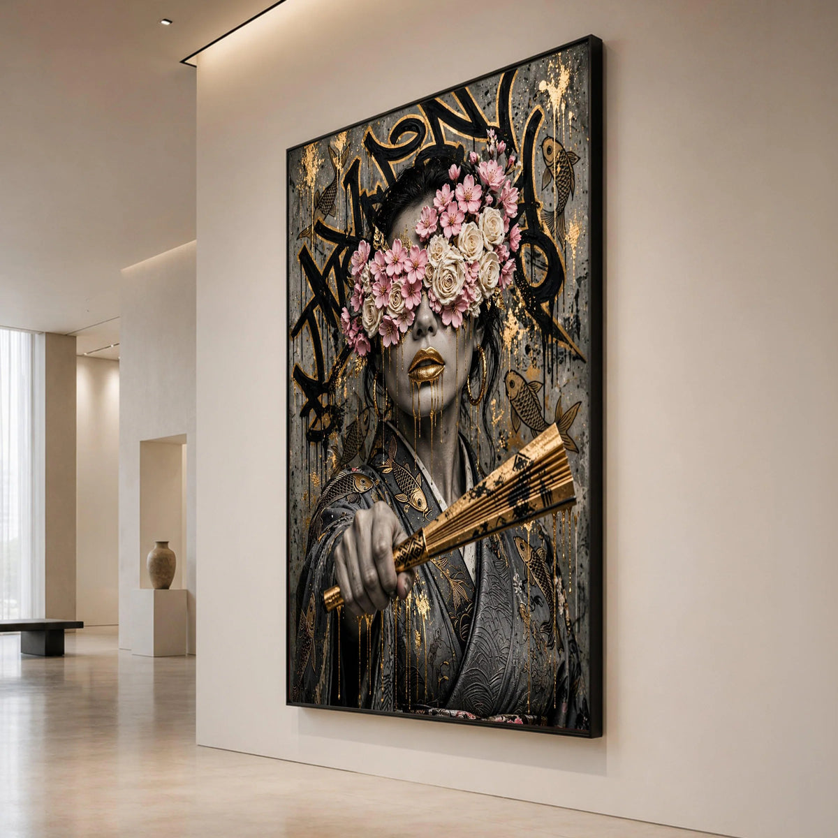 Floral Masked Woman Canvas Wall Art, Gold and Pink Mixed Media, Asian Portrait, Contemporary Urban Art, Ready to Hang Decor Canvas Print Art