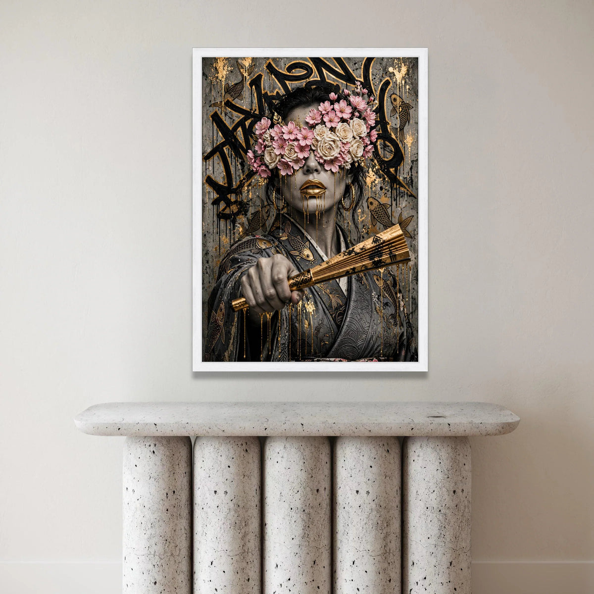 Floral Masked Woman Canvas Wall Art, Gold and Pink Mixed Media, Asian Portrait, Contemporary Urban Art, Ready to Hang Decor Canvas Print Art