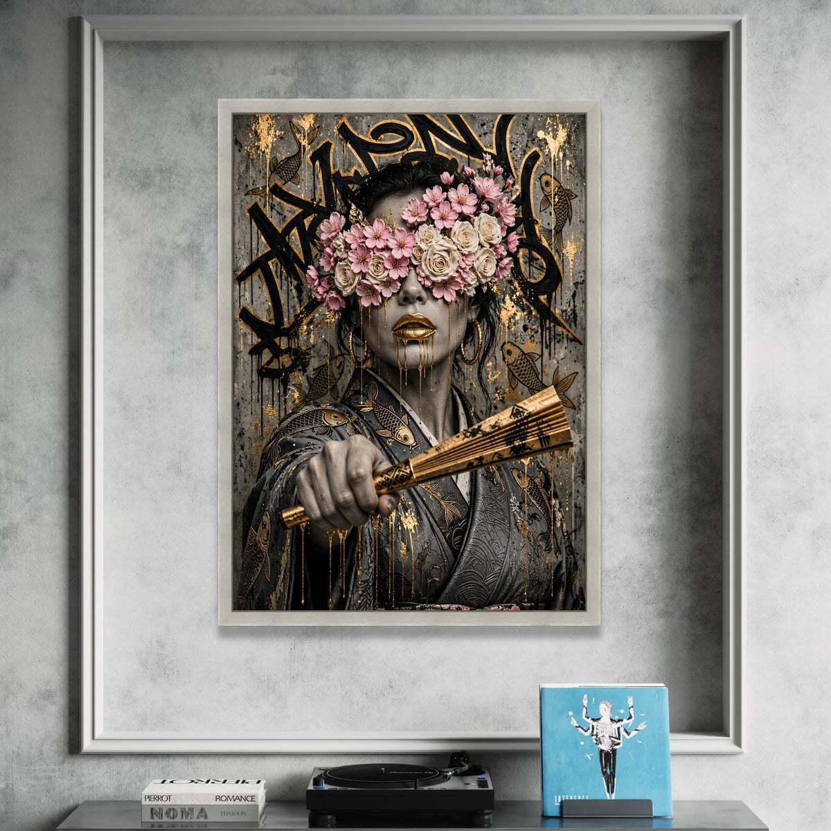 Floral Masked Woman Canvas Wall Art, Gold and Pink Mixed Media, Asian Portrait, Contemporary Urban Art, Ready to Hang Decor Canvas Print Art