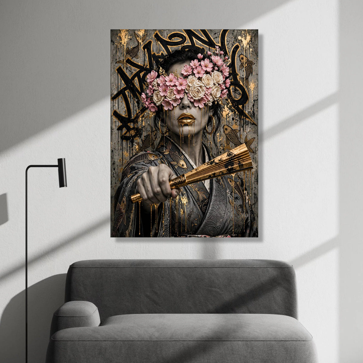 Floral Masked Woman Canvas Wall Art, Gold and Pink Mixed Media, Asian Portrait, Contemporary Urban Art, Ready to Hang Decor Canvas Print Art