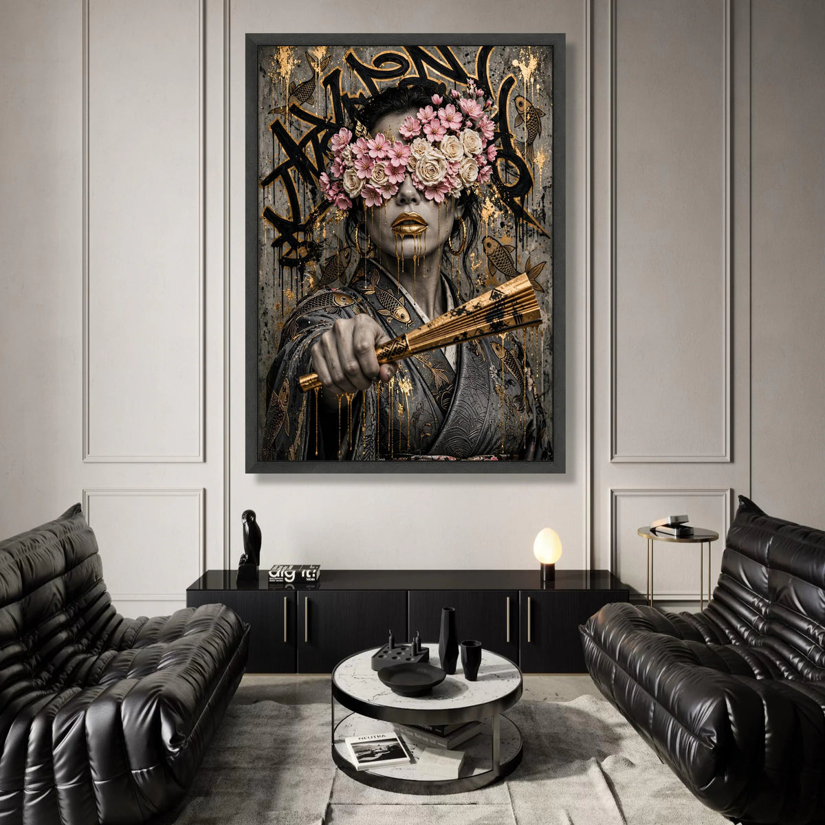 Floral Masked Woman Canvas Wall Art, Gold and Pink Mixed Media, Asian Portrait, Contemporary Urban Art, Ready to Hang Decor Canvas Print Art