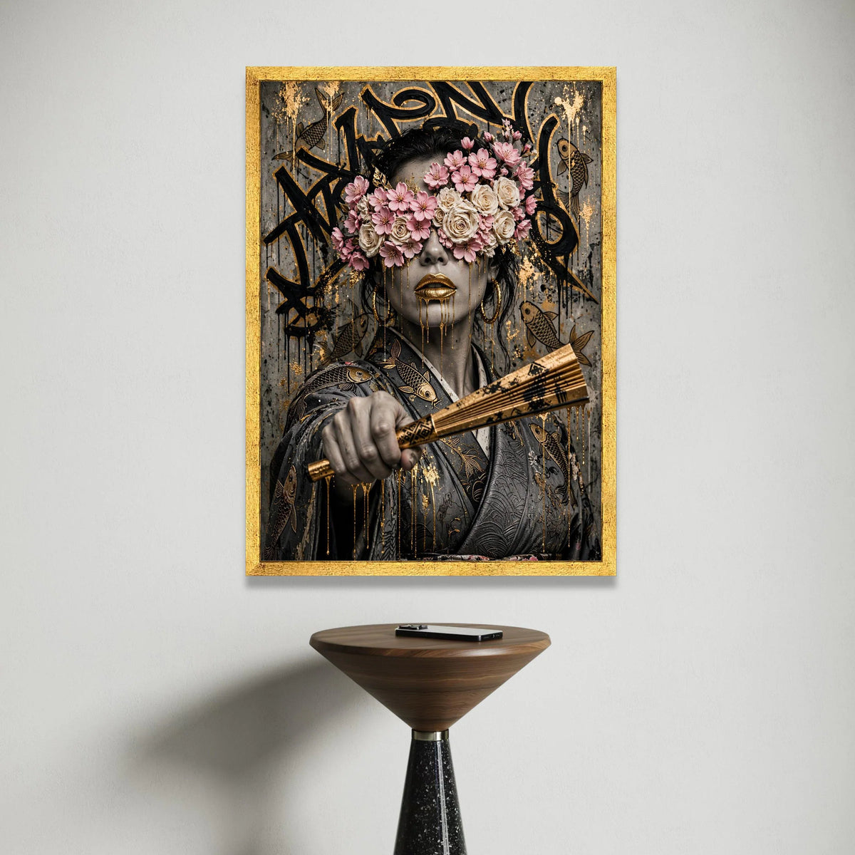 Floral Masked Woman Canvas Wall Art, Gold and Pink Mixed Media, Asian Portrait, Contemporary Urban Art, Ready to Hang Decor Canvas Print Art