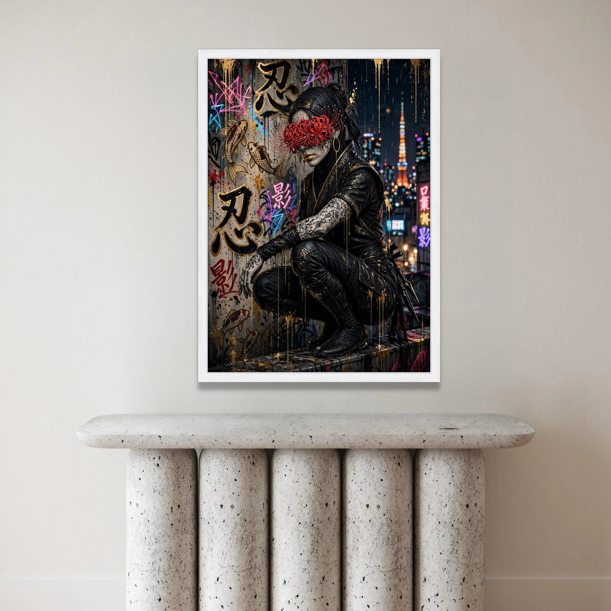 Urban Ninja Warrior Canvas Wall Art, Japanese Street Graffiti, Cyberpunk Cityscape, Nightlife Wall Decor, Modern Asian Art Canvas Print Art
