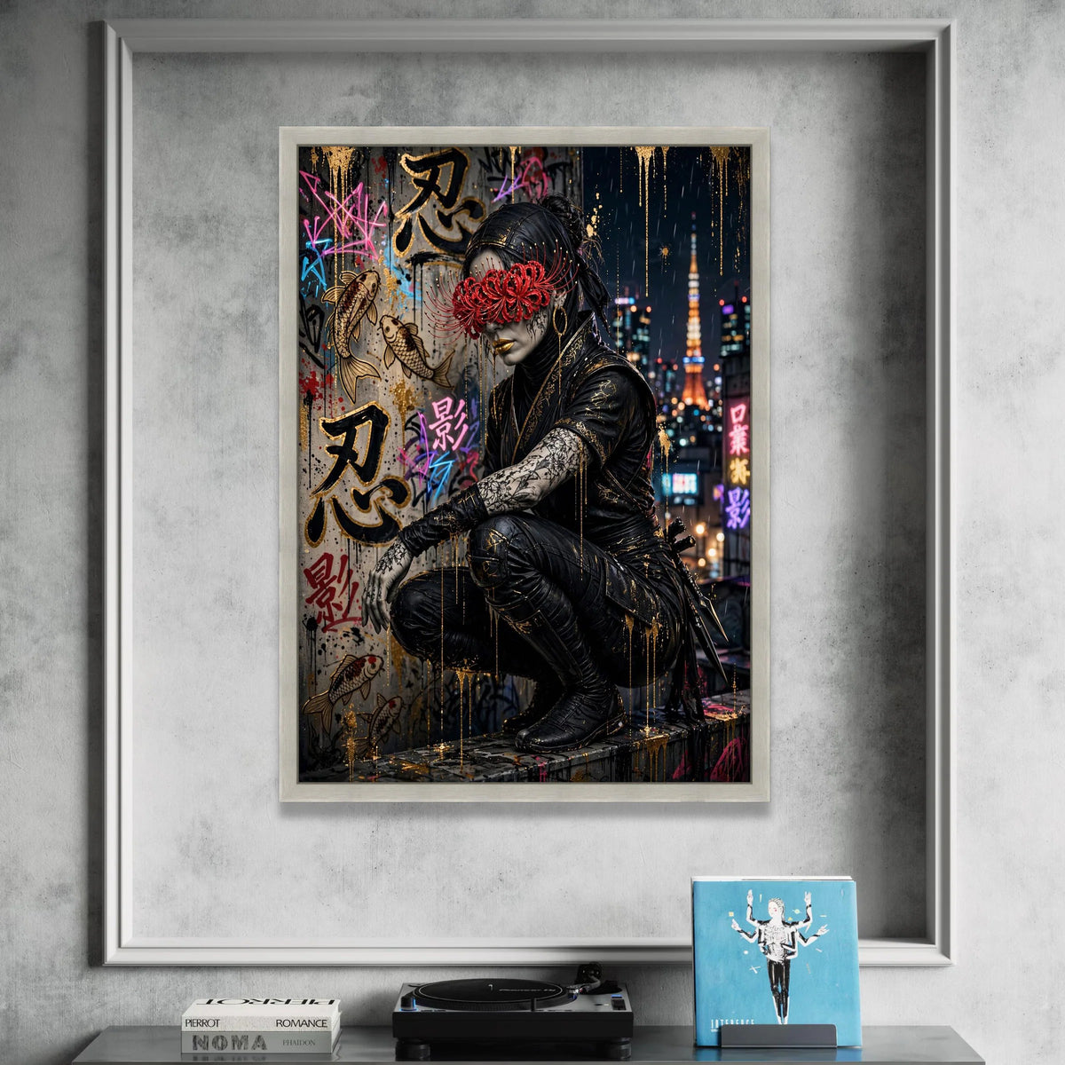 Urban Ninja Warrior Canvas Wall Art, Japanese Street Graffiti, Cyberpunk Cityscape, Nightlife Wall Decor, Modern Asian Art Canvas Print Art