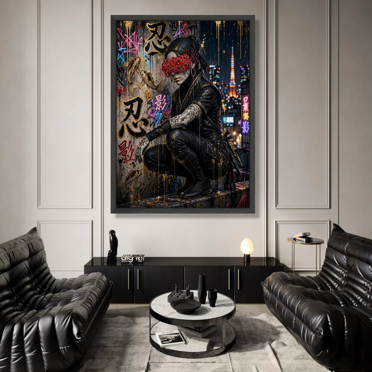 Urban Ninja Warrior Canvas Wall Art, Japanese Street Graffiti, Cyberpunk Cityscape, Nightlife Wall Decor, Modern Asian Art Canvas Print Art