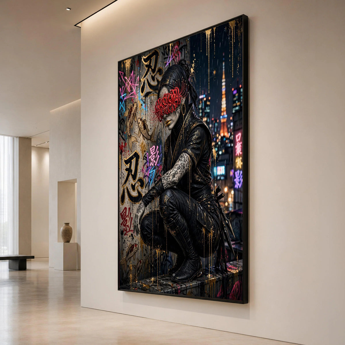 Urban Ninja Warrior Canvas Wall Art, Japanese Street Graffiti, Cyberpunk Cityscape, Nightlife Wall Decor, Modern Asian Art Canvas Print Art