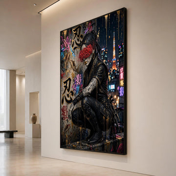 Urban Ninja Warrior Canvas Wall Art, Japanese Street Graffiti, Cyberpunk Cityscape, Nightlife Wall Decor, Modern Asian Art Canvas Print Art