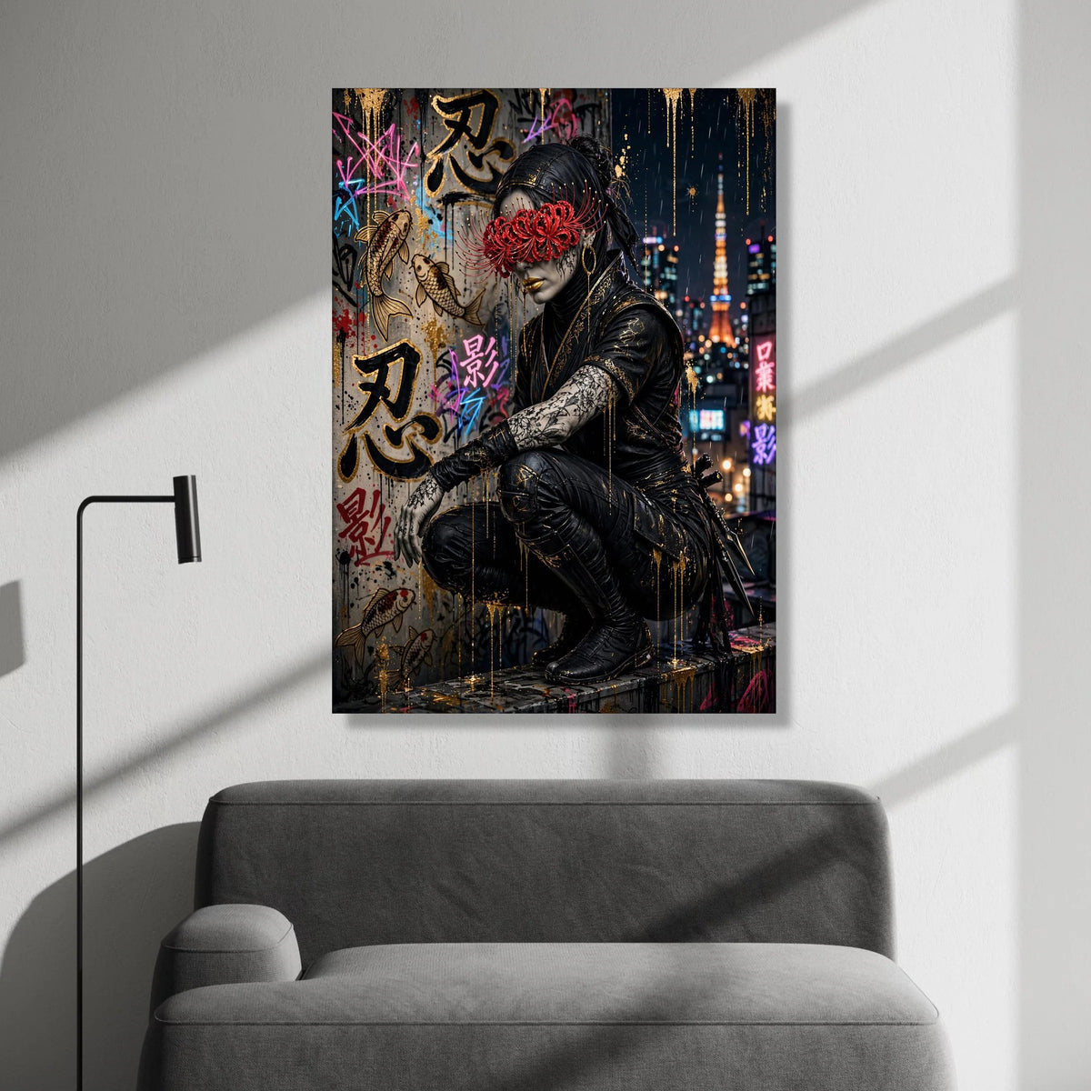 Urban Ninja Warrior Canvas Wall Art, Japanese Street Graffiti, Cyberpunk Cityscape, Nightlife Wall Decor, Modern Asian Art Canvas Print Art