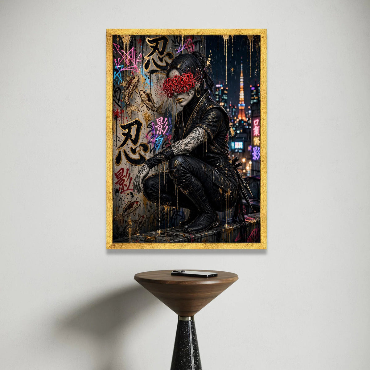 Urban Ninja Warrior Canvas Wall Art, Japanese Street Graffiti, Cyberpunk Cityscape, Nightlife Wall Decor, Modern Asian Art Canvas Print Art