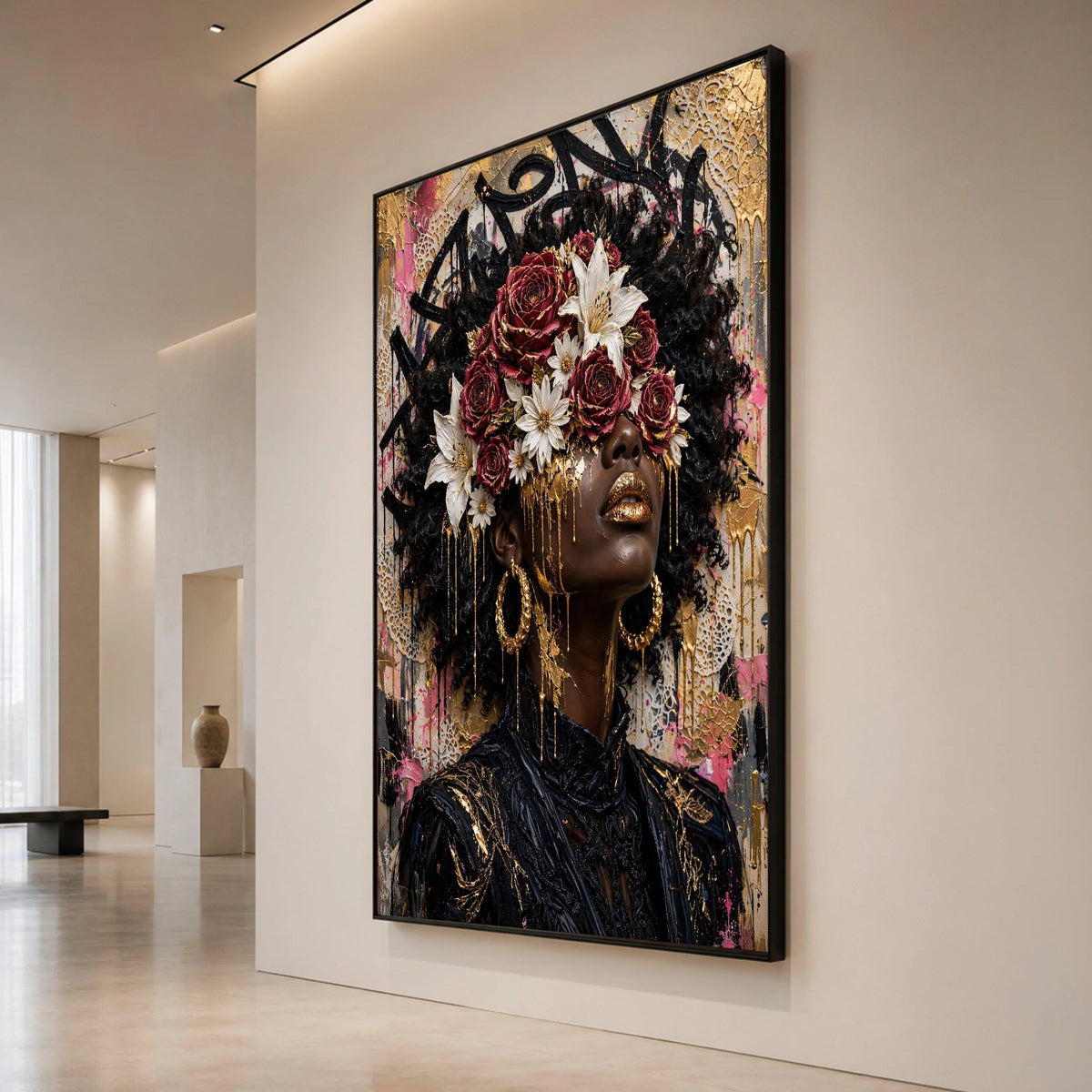 Luxurious African Woman Portrait Canvas, Floral Crown Wall Art, Contemporary Face Art, Gold Accents Canvas, Modern Home Canvas Print Art