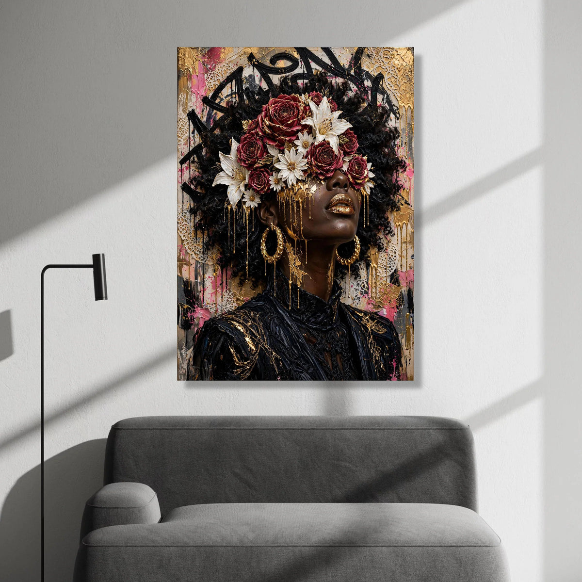 Luxurious African Woman Portrait Canvas, Floral Crown Wall Art, Contemporary Face Art, Gold Accents Canvas, Modern Home Canvas Print Art