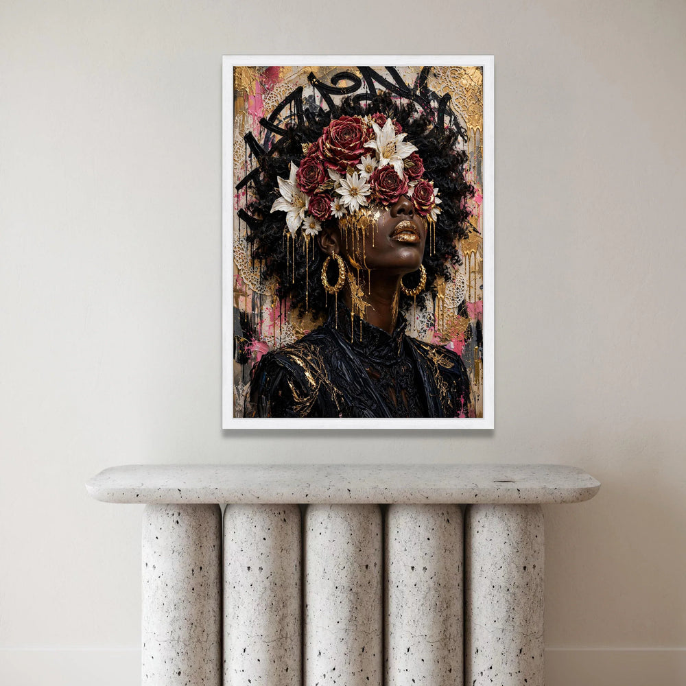 Luxurious African Woman Portrait Canvas, Floral Crown Wall Art, Contemporary Face Art, Gold Accents Canvas, Modern Home Canvas Print Art