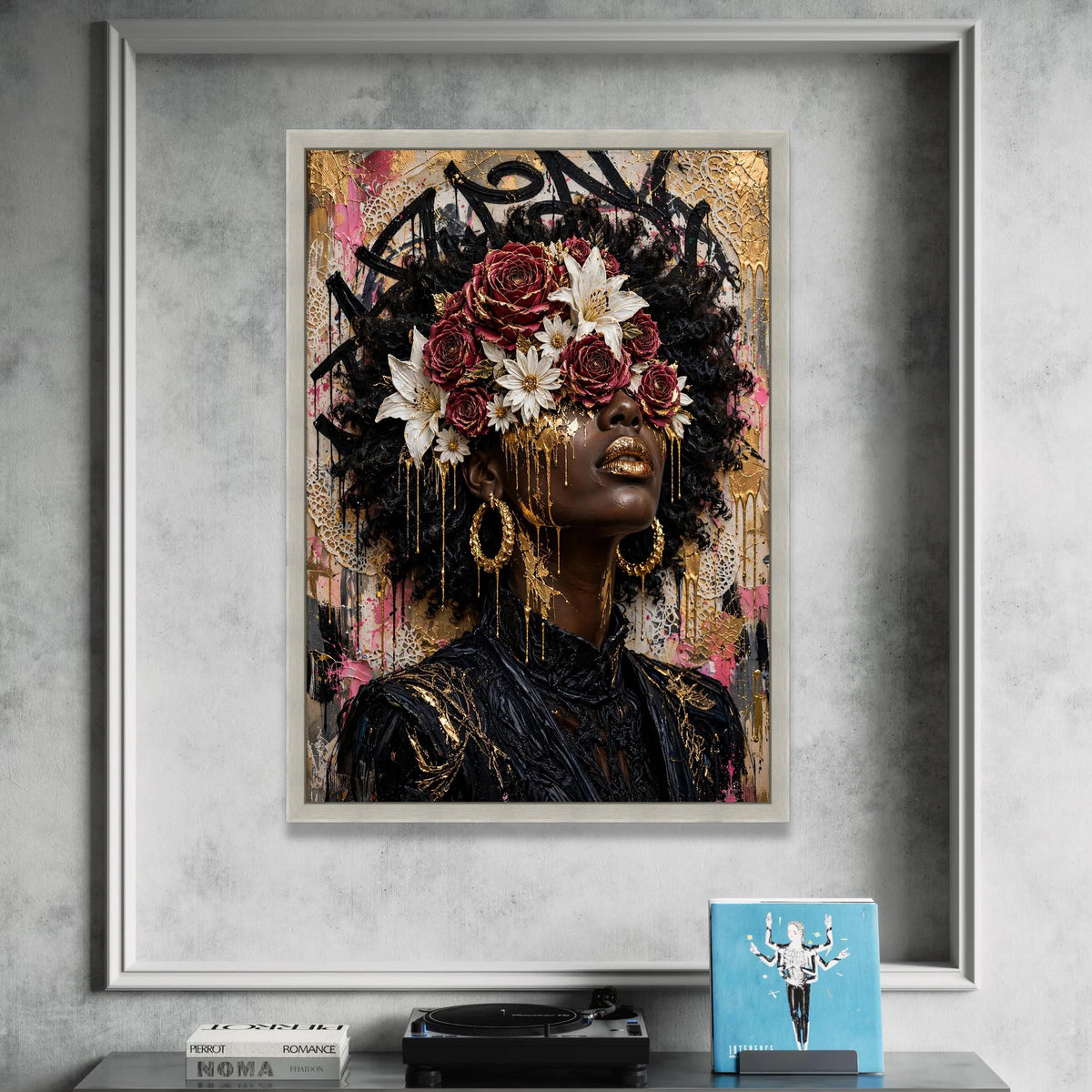 Luxurious African Woman Portrait Canvas, Floral Crown Wall Art, Contemporary Face Art, Gold Accents Canvas, Modern Home Canvas Print Art