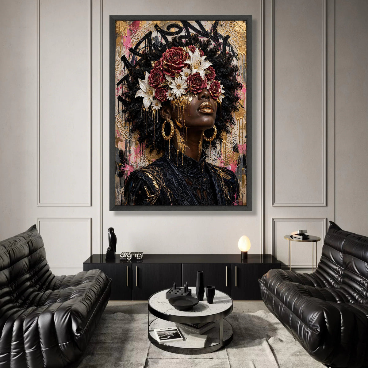 Luxurious African Woman Portrait Canvas, Floral Crown Wall Art, Contemporary Face Art, Gold Accents Canvas, Modern Home Canvas Print Art