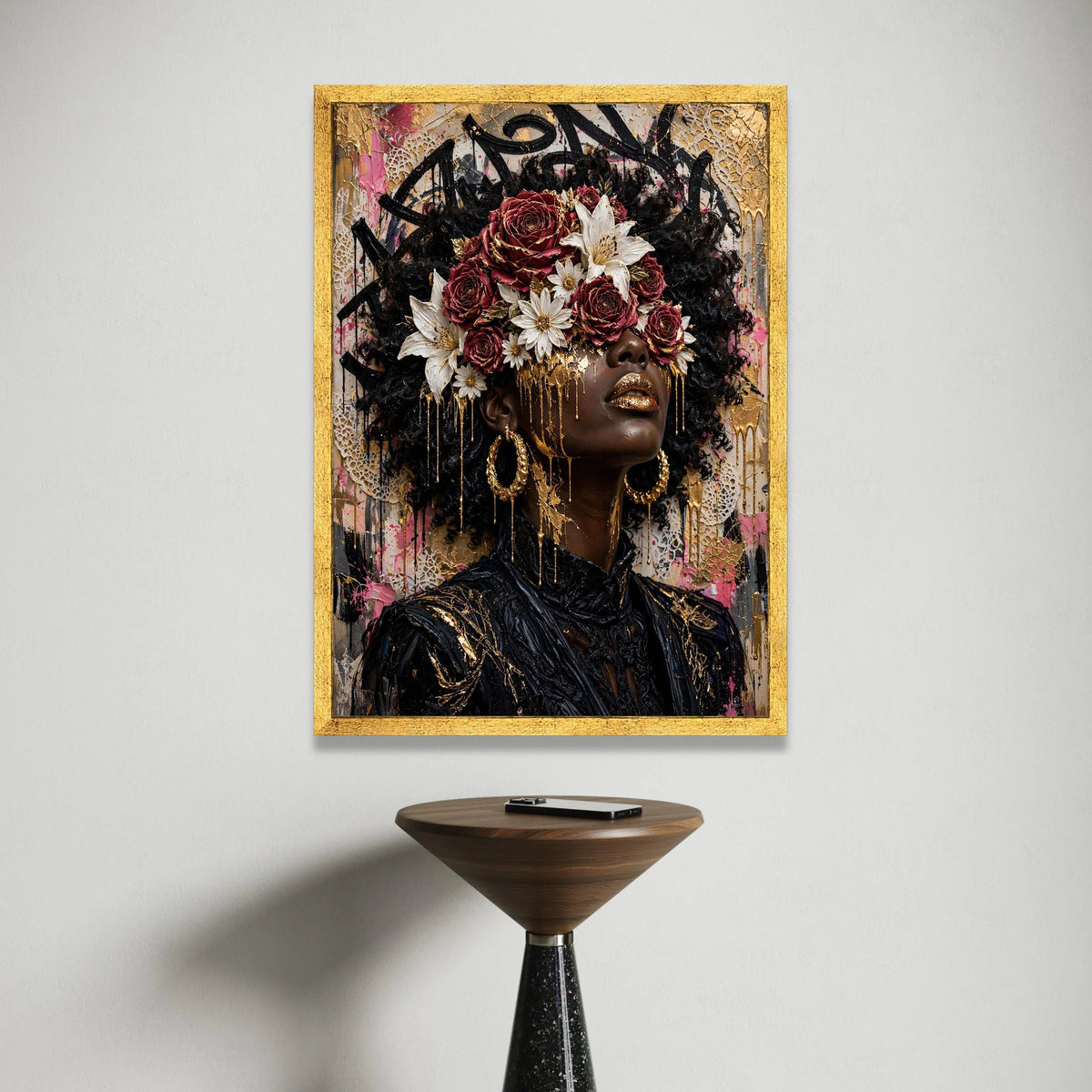 Luxurious African Woman Portrait Canvas, Floral Crown Wall Art, Contemporary Face Art, Gold Accents Canvas, Modern Home Canvas Print Art
