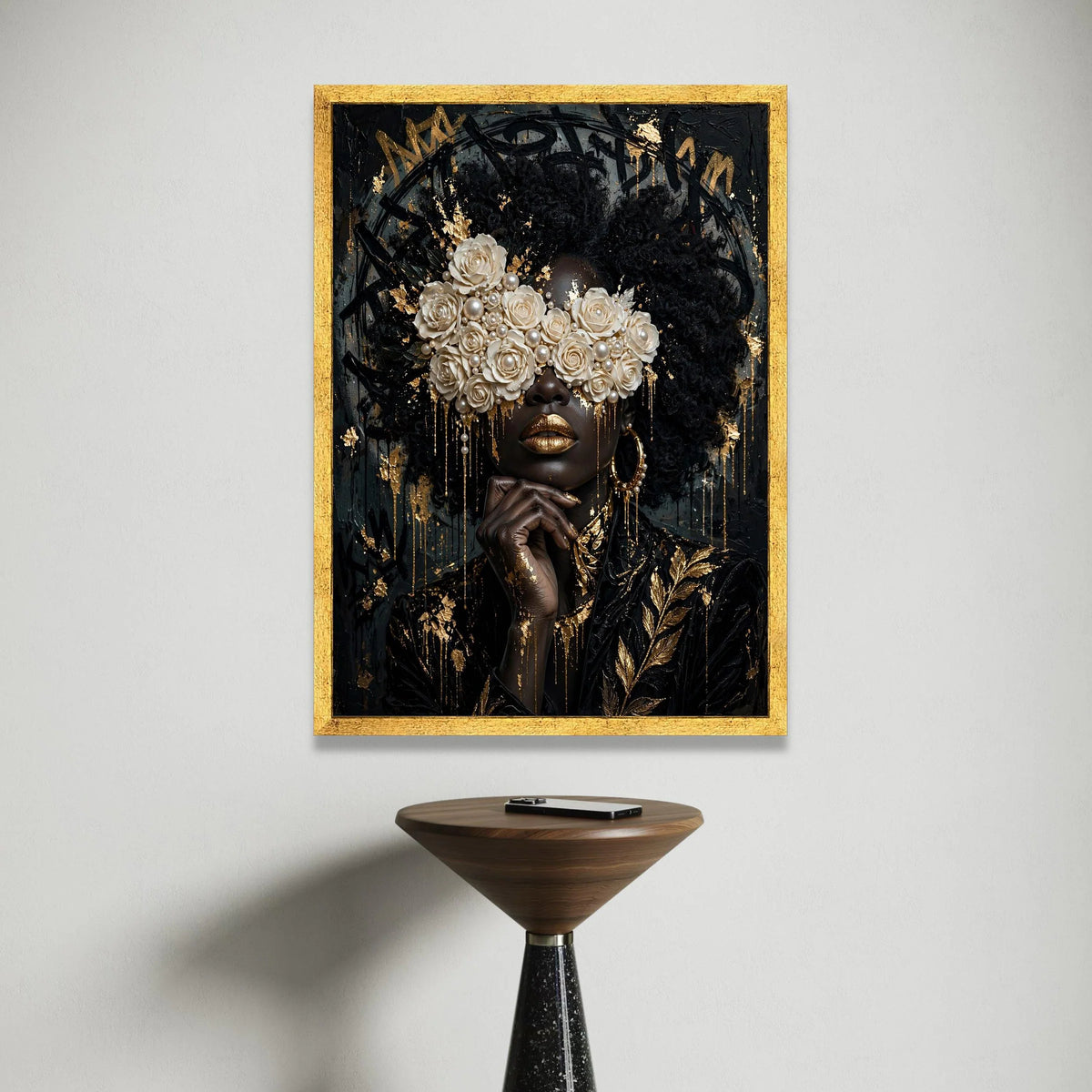Elegant Black Woman Portrait Canvas, Floral Pearl Eyewear Art, Luxury Gold Accent Wall Decor, Afrocentric Canvas Wall Art Canvas Print Art