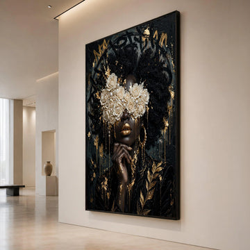 Elegant Black Woman Portrait Canvas, Floral Pearl Eyewear Art, Luxury Gold Accent Wall Decor, Afrocentric Canvas Wall Art Canvas Print Art