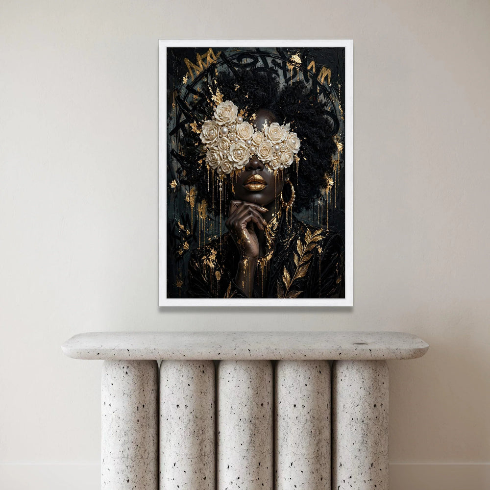 Elegant Black Woman Portrait Canvas, Floral Pearl Eyewear Art, Luxury Gold Accent Wall Decor, Afrocentric Canvas Wall Art Canvas Print Art