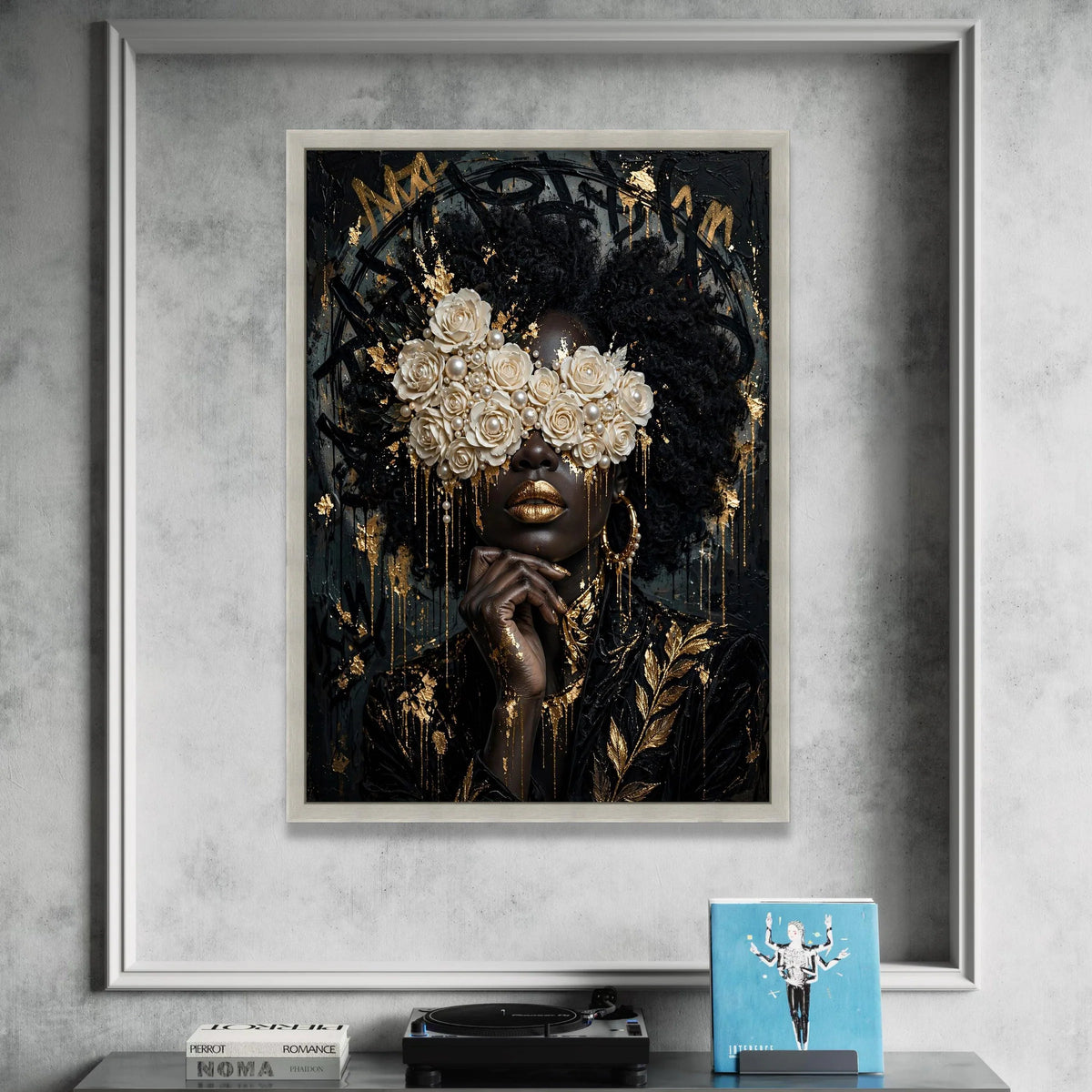 Elegant Black Woman Portrait Canvas, Floral Pearl Eyewear Art, Luxury Gold Accent Wall Decor, Afrocentric Canvas Wall Art Canvas Print Art