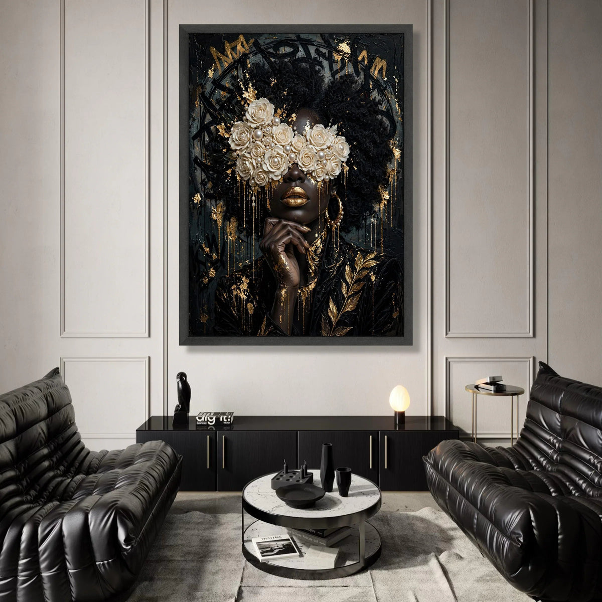 Elegant Black Woman Portrait Canvas, Floral Pearl Eyewear Art, Luxury Gold Accent Wall Decor, Afrocentric Canvas Wall Art Canvas Print Art
