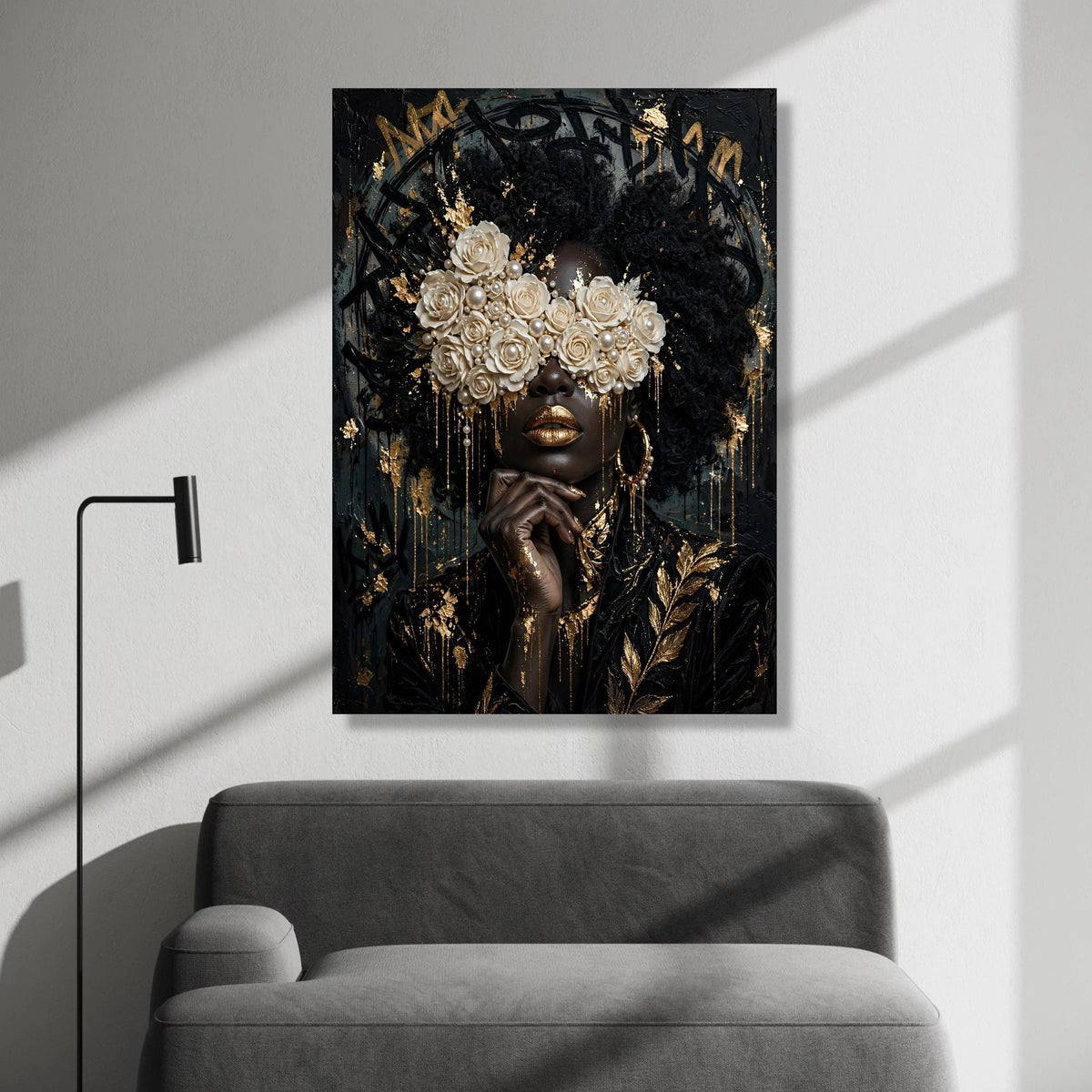 Elegant Black Woman Portrait Canvas, Floral Pearl Eyewear Art, Luxury Gold Accent Wall Decor, Afrocentric Canvas Wall Art Canvas Print Art