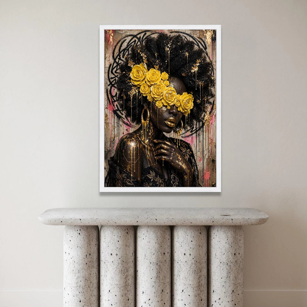 Elegant Afro Woman with Yellow Roses Canvas, Gold Accents Wall Art, Contemporary Portrait Canvas, Artistic Face Painting Canvas Print Art