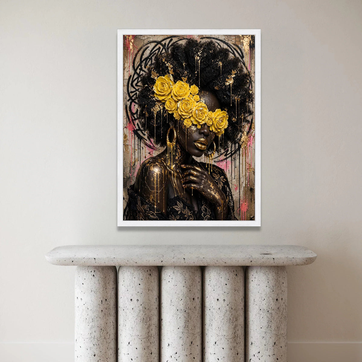 Elegant Afro Woman with Yellow Roses Canvas, Gold Accents Wall Art, Contemporary Portrait Canvas, Artistic Face Painting Canvas Print Art
