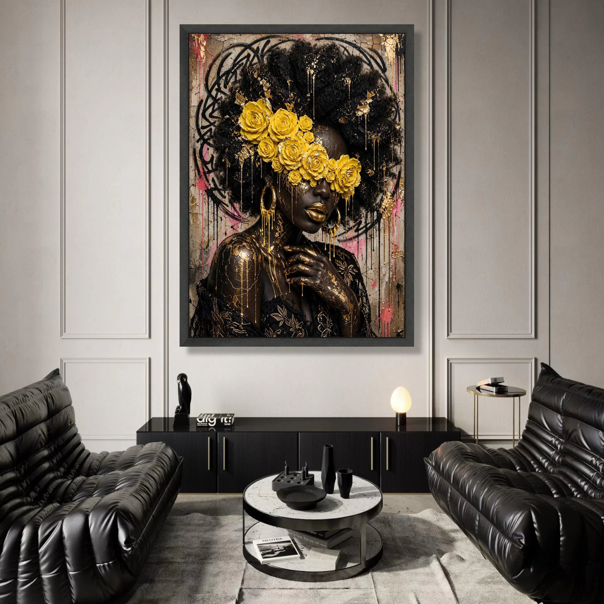 Elegant Afro Woman with Yellow Roses Canvas, Gold Accents Wall Art, Contemporary Portrait Canvas, Artistic Face Painting Canvas Print Art