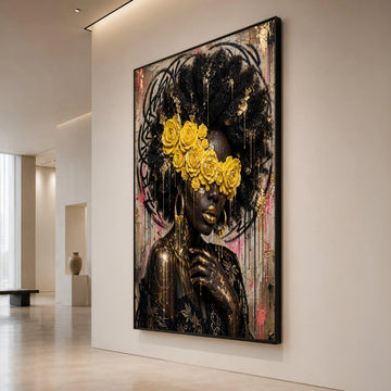 Elegant Afro Woman with Yellow Roses Canvas, Gold Accents Wall Art, Contemporary Portrait Canvas, Artistic Face Painting Canvas Print Art