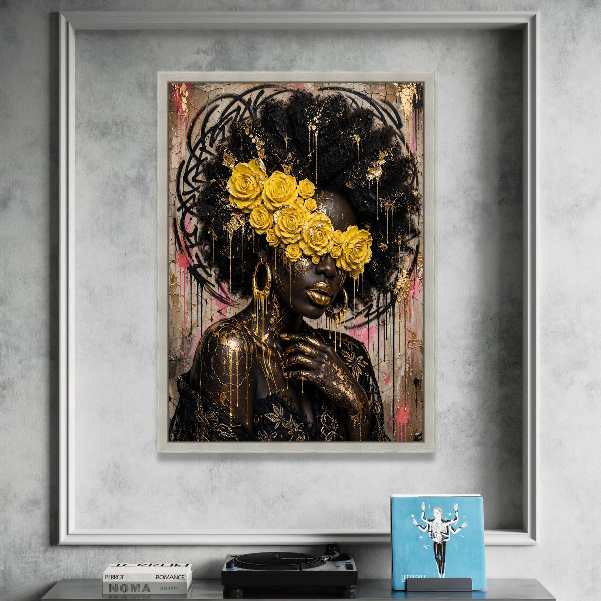 Elegant Afro Woman with Yellow Roses Canvas, Gold Accents Wall Art, Contemporary Portrait Canvas, Artistic Face Painting Canvas Print Art