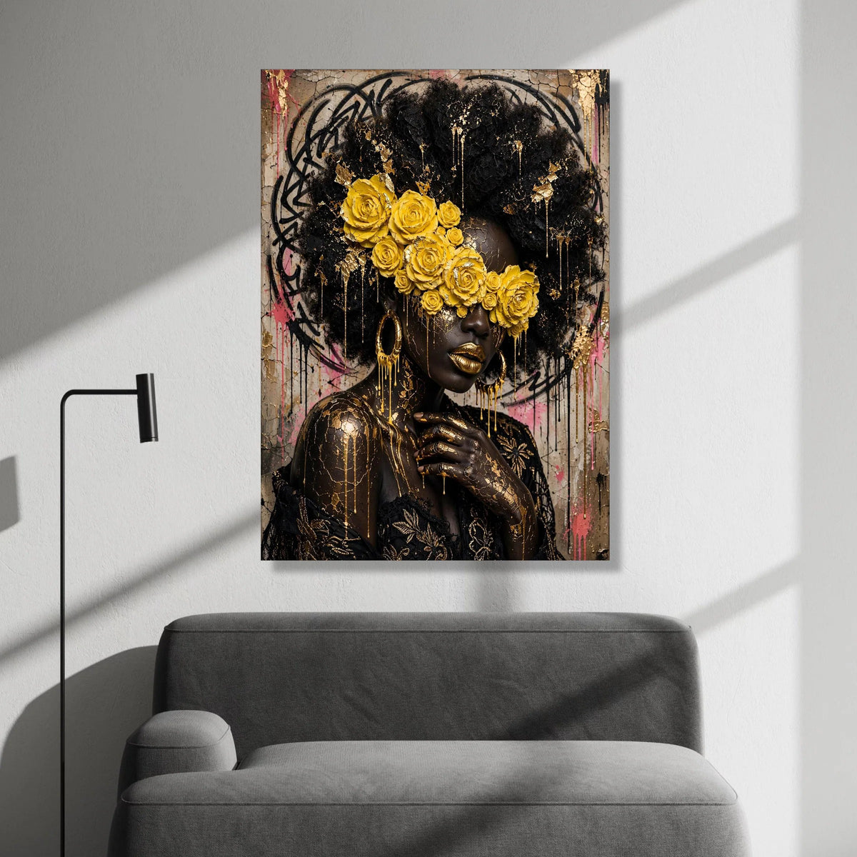 Elegant Afro Woman with Yellow Roses Canvas, Gold Accents Wall Art, Contemporary Portrait Canvas, Artistic Face Painting Canvas Print Art
