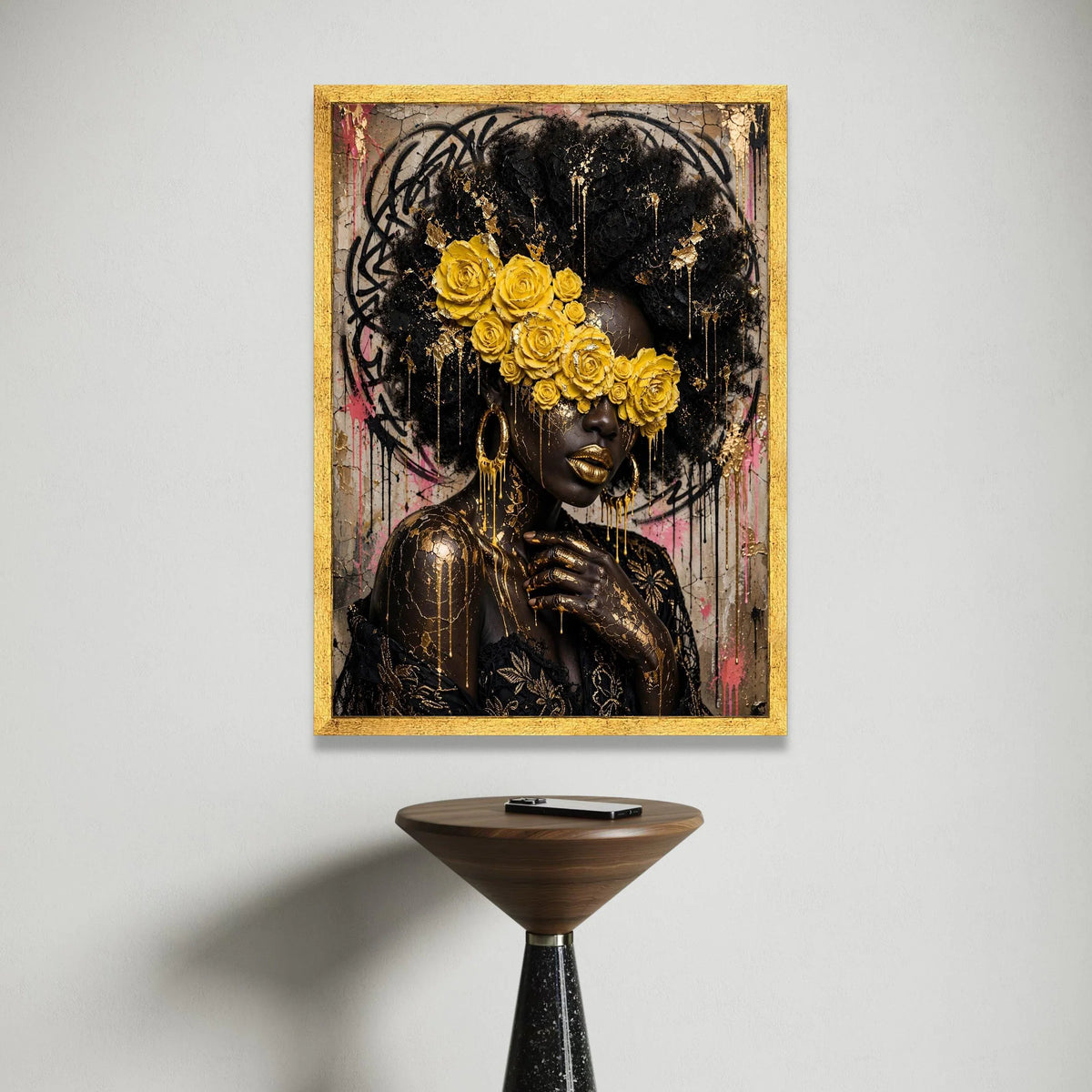 Elegant Afro Woman with Yellow Roses Canvas, Gold Accents Wall Art, Contemporary Portrait Canvas, Artistic Face Painting Canvas Print Art