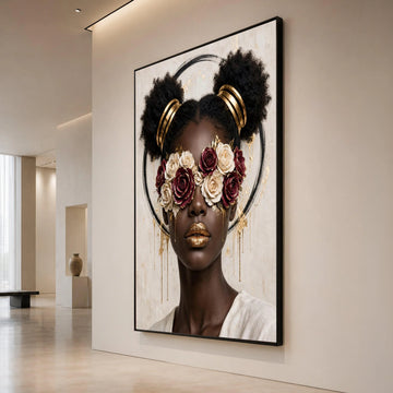 Contemporary Portrait Canvas, Glamorous Woman with Floral Eye Mask, Gold Accent Face Art, Modern Fashion Wall Decor, Canvas Print Art