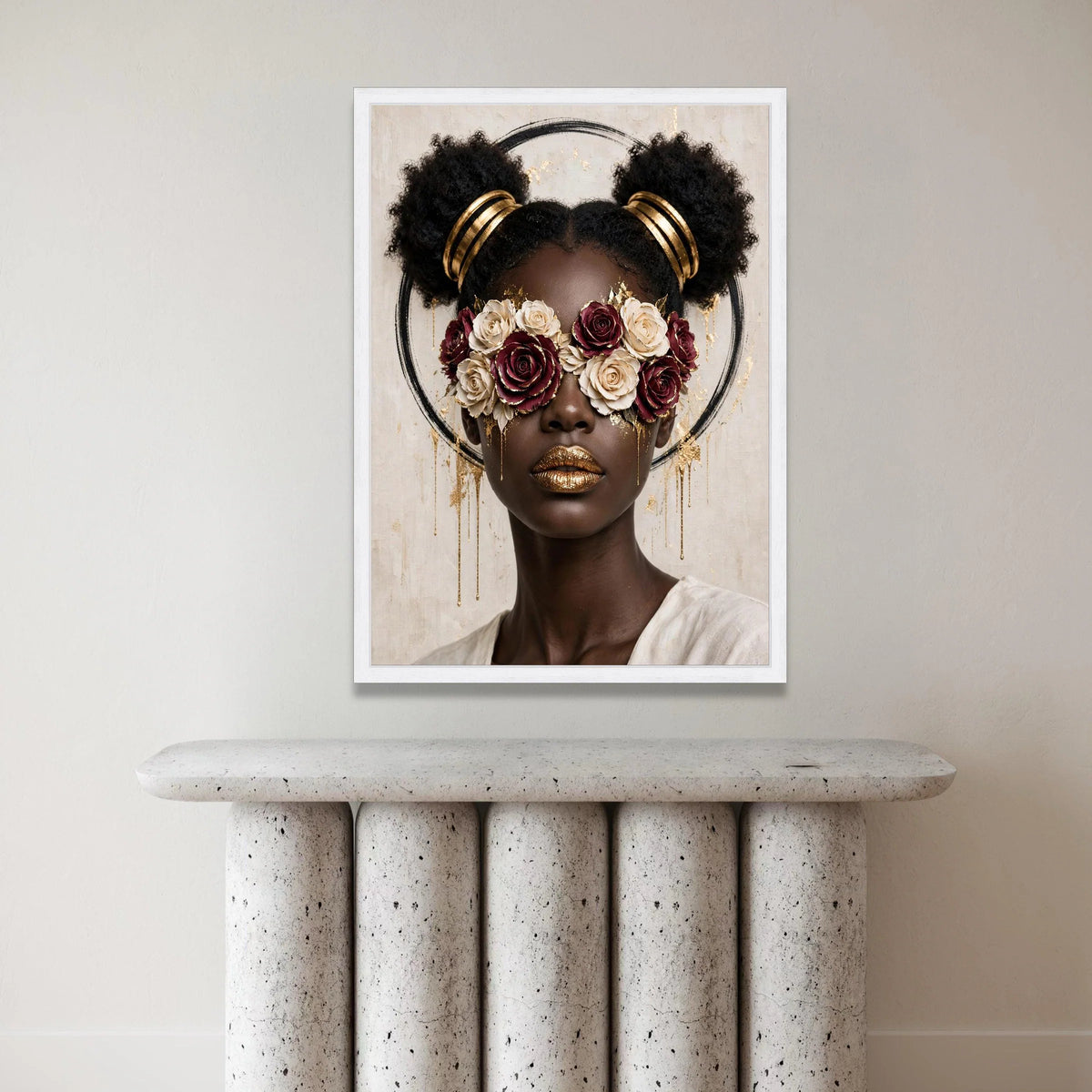 Contemporary Portrait Canvas, Glamorous Woman with Floral Eye Mask, Gold Accent Face Art, Modern Fashion Wall Decor, Canvas Print Art
