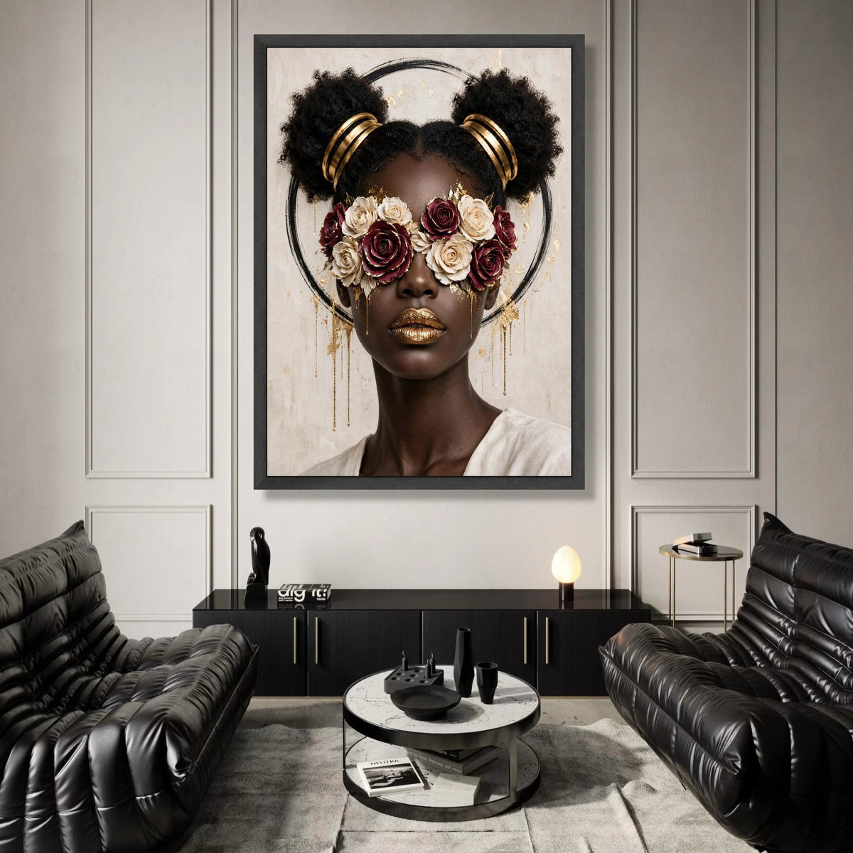 Contemporary Portrait Canvas, Glamorous Woman with Floral Eye Mask, Gold Accent Face Art, Modern Fashion Wall Decor, Canvas Print Art