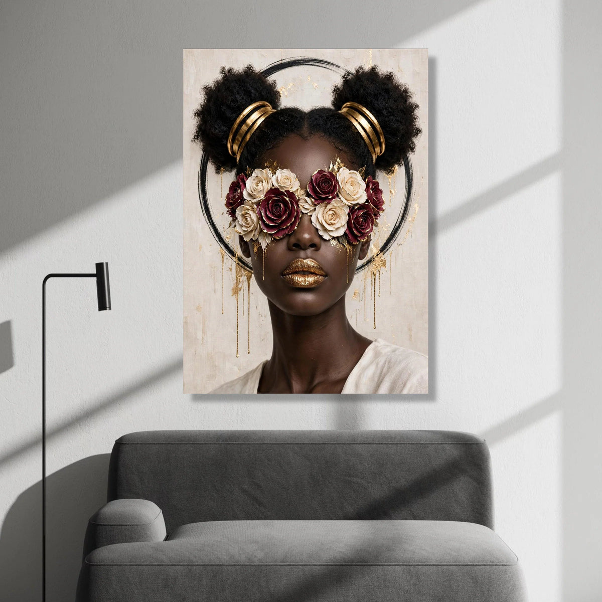 Contemporary Portrait Canvas, Glamorous Woman with Floral Eye Mask, Gold Accent Face Art, Modern Fashion Wall Decor, Canvas Print Art