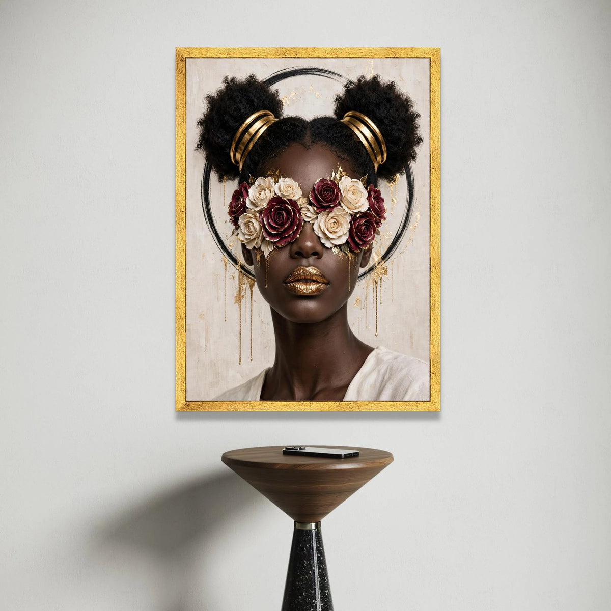 Contemporary Portrait Canvas, Glamorous Woman with Floral Eye Mask, Gold Accent Face Art, Modern Fashion Wall Decor, Canvas Print Art