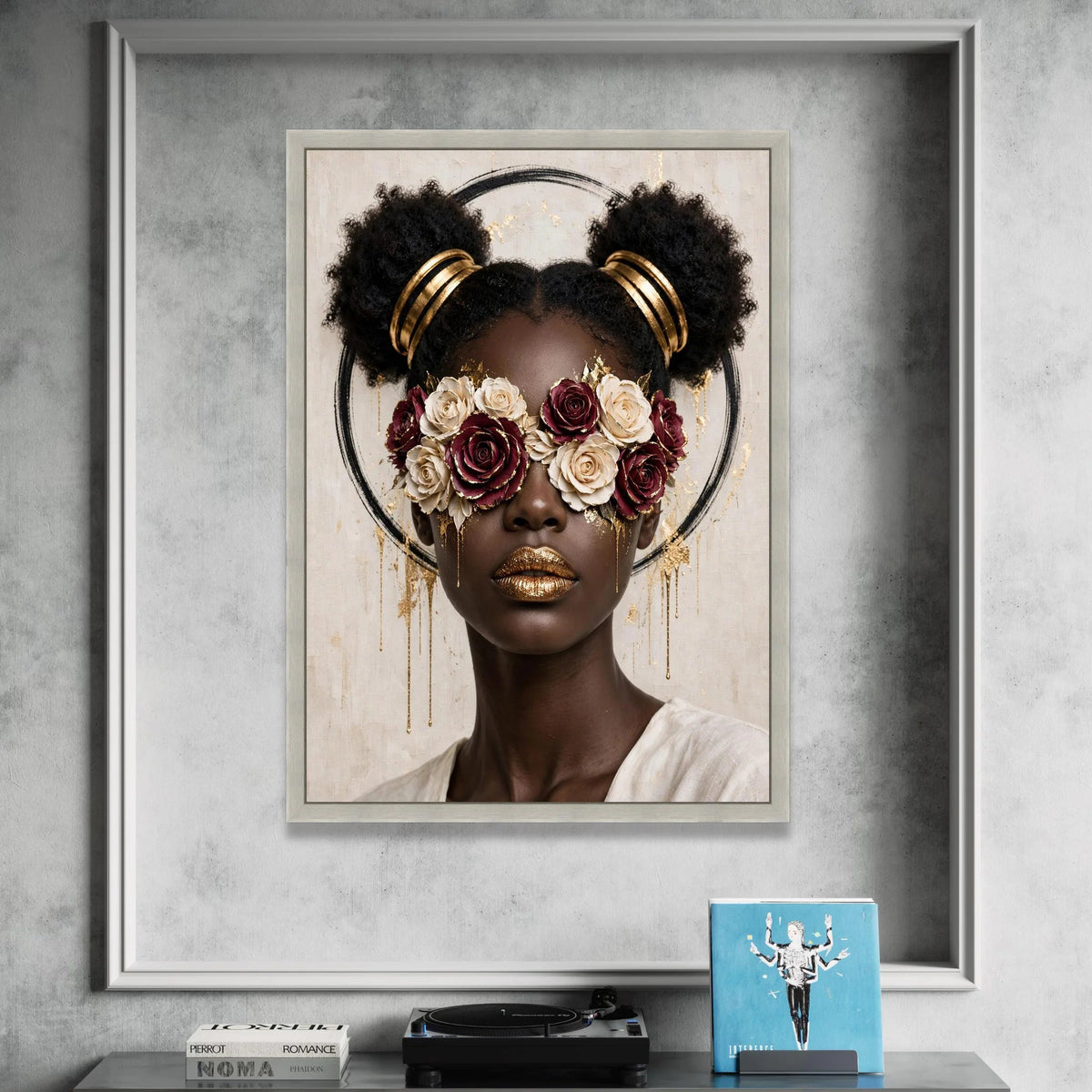 Contemporary Portrait Canvas, Glamorous Woman with Floral Eye Mask, Gold Accent Face Art, Modern Fashion Wall Decor, Canvas Print Art